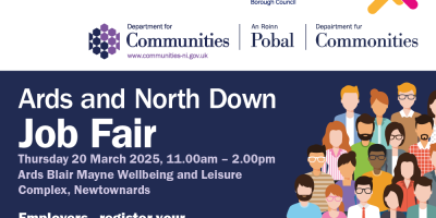 Image with illustrated people and text saying Ards and North Down Job Fair